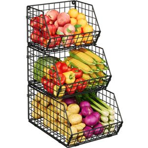 X-cosrack 3-Tier Stackable Wire Baskets for Pantry Organization and Storage, Kitchen Counter Basket for Potato Onion Storage, Fruit and Vegetable Storage Basket, Metal Baskets for Snack Produce Cans (Black)
