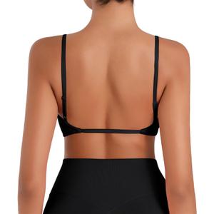 Sunzel Women's Open Back Sports Bra Adjustable Spaghetti Strap Seamless Low Impact Workout Gym Yoga Bra with Removable Pads (Medium, Black)