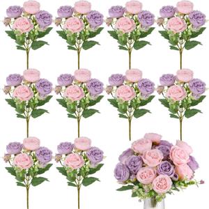Olgaa 12 Bundles Peonies Artificial Flowers Artificial Peonies Silk Flowers Bulk Fake Peony Bouquet for Bridal Shower Decorations Wedding Table Centerpiece (Pink Purple)