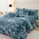 PERFEMET Fuzzy Faux Fur Comforter Set Queen Size 3 Pcs Colorful Plush Shaggy Tie Dye Teal Blue Bedding Set Ultra Soft Comfy Fluffy Furry Velvet Quilt Set(Turquoise, Queen)