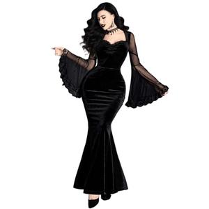 GothDark Womens Goth Dress Black Velvet Mermaid Mesh Bell Sleeve Lace Trim Sexy Vintage Cosplay Halloween Costumes M