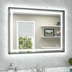 Led Bathroom Mirror 40 x 30 with Brushed Gunmetal Gray/OffBlack Frame Anti-Fog Frontlit & Backlit Vanity Mirror Stepless Dimmable Lighted Mirrors for Bathroom Wall
