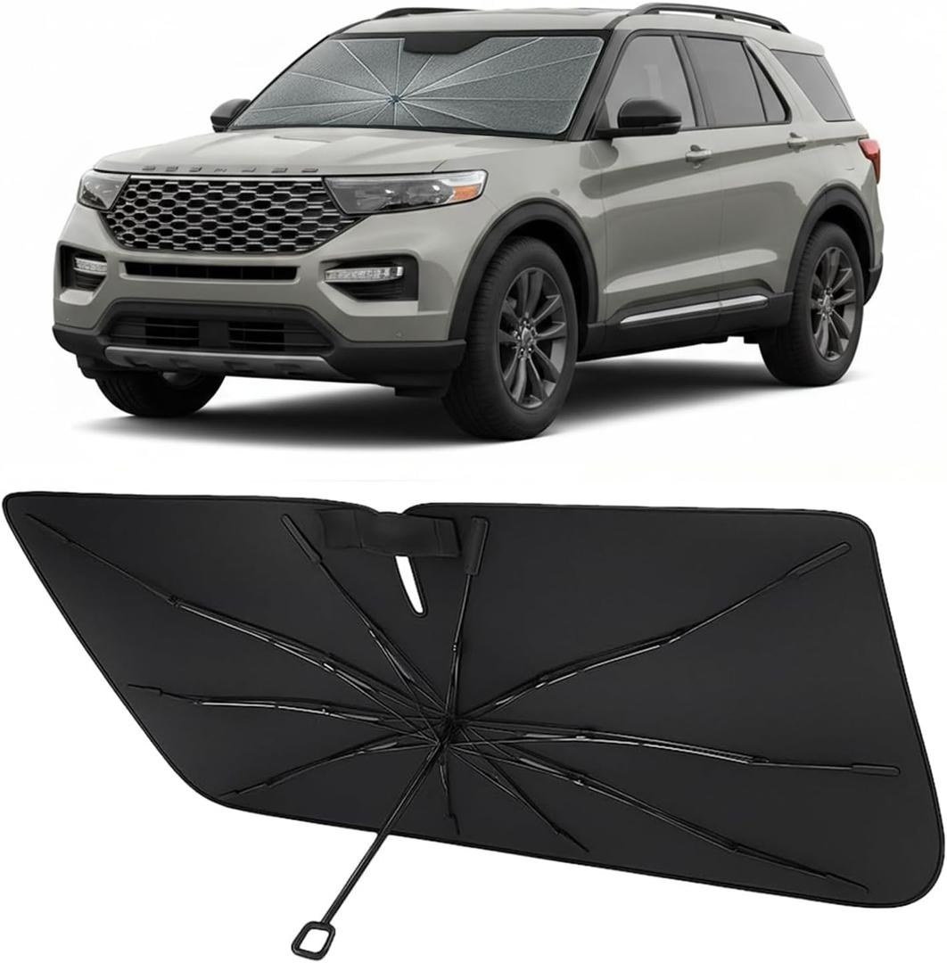 Proadsy Windshield Sun Shade Umbrella for Ford Explorer 2020-2025 2026 Foldable Car Umbrella Sunshade with Soft TPU Handle Spring Structure Crystal Cooling Material Protect Car from Rays & Heat