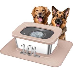 Decflow 10L Stainless Steel Dog Water Bowl, No Spill Anti-Splash Dog Bowls with XXL Silicone Mat, Spill-Proof Slow Feeder for Messy Drinkers, Heavy Duty Pet Bowls Indoor/Outdoor Use (Beige)