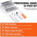 VEVOR Socket Set, 1/4 Inch Drive Socket and Ratchet Set, 6-Point Socket Opening, 54 Pieces Tool Set SAE and Metric, Deep and Standard Sockets, 5/32-9/16 in, 4-14 mm, with Accessories, Storage Case