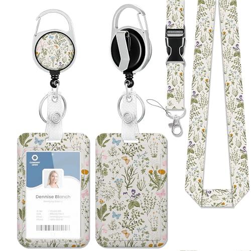 Wildflowers Garden Herb Botanical ID Badge Holder with Lanyard,Retractable ID Badge Card Holders Detachable Neck Lanyard Strap with Badge Reel and Vertical ID Holder for Students Teachers Office Staff