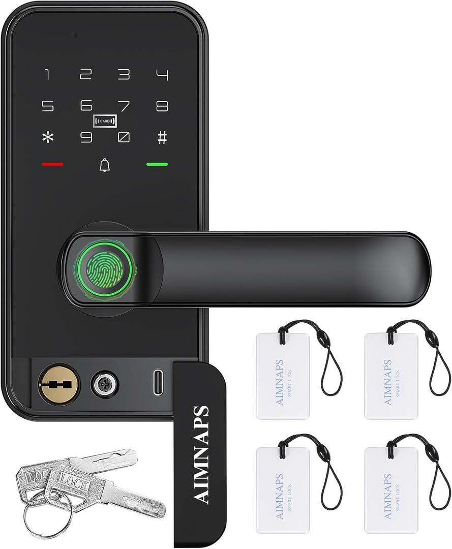 Keyless Entry Door Lock with Handle, Door Locks for Bedroom, Auto Lock, Fingerprint Door Knob with Key, Passcode, Digital Smart Code & Front Handle Sets-Black