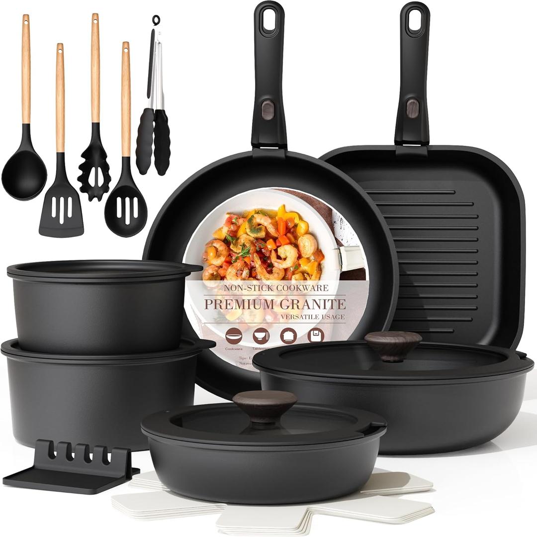 Astercook 23 Pcs Pots and Pans Set Non Stick, Ceramic Cookware Set Detachable Handle, RV Kitchen Cooking Set Removable Handles, Oven Safe, Induction Ready, Stackable, Black, Mothers Day Gifts, 23 Piece
