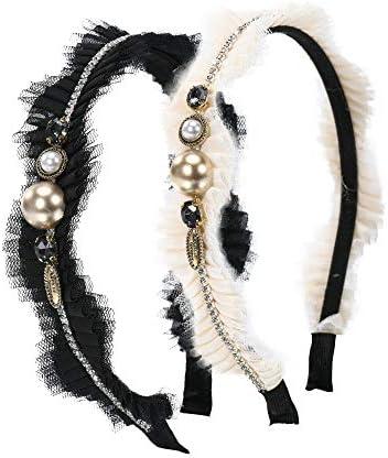 Sluxa Headbands for Women's Hair, Fashion Women Hair Accessories, Jeweled Beaded Black White Lace Headbands for Women