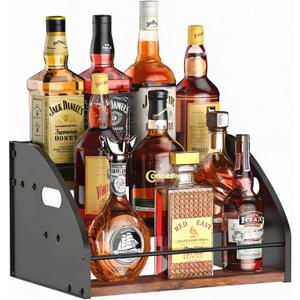 3-Tier Liquor Bottle Display Shelf, Exquisite Metal Design, Extra Large Bar Organizer for The Home Bar, Countertop Wine Rack with Smooth Handles, Retro Bar Shelf Stand for Whiskey, Spirits
