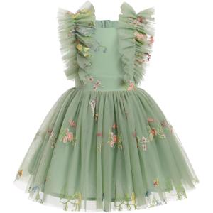 Flower Girls Sequin Butterfly Polka Dots Tutu Dress Kids Mesh Embroidery Tulle Wedding Princess Birthday Party Dresses (Green)