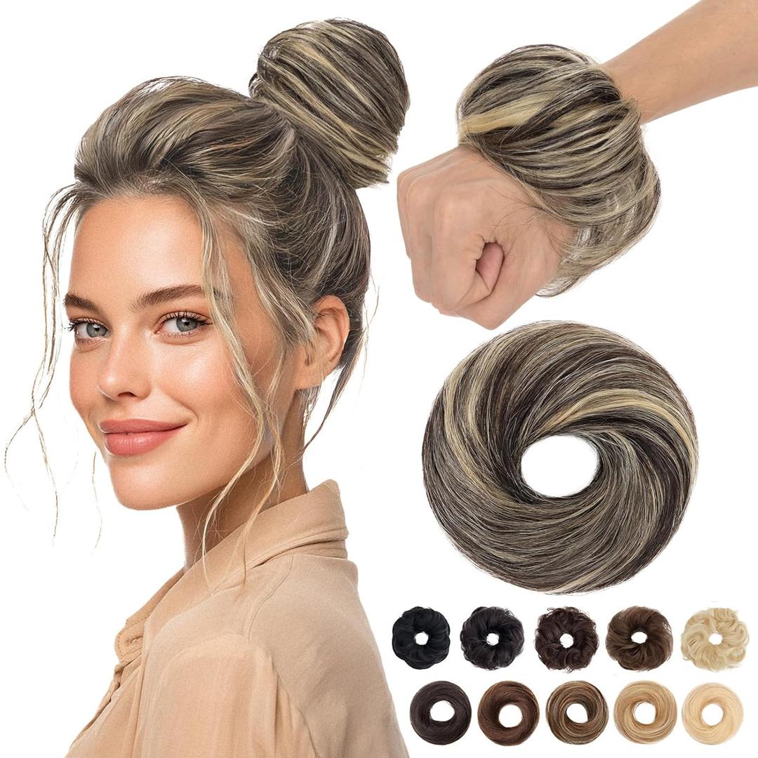 MY-LADY Messy Bun Hair Pieces Human Hair for Women Real Hairpiece Straight Scrunchies Tousled Updo Donut Chignon Ponytail Extension Natural Black & Bleach Blonde