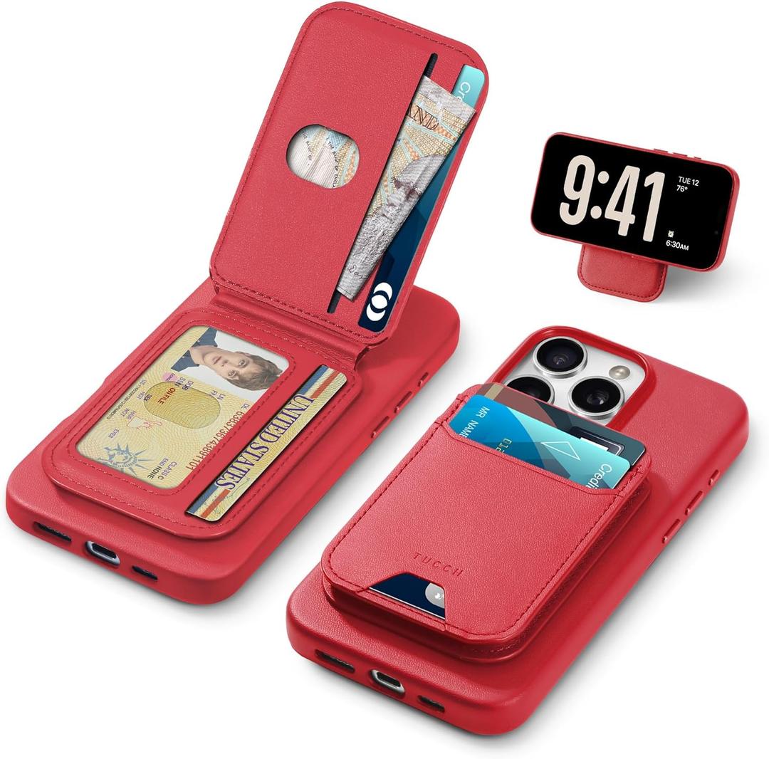 TUCCH PU Leather Case for iPhone 16 Pro Max with Detachable Magnetic Wallet Stand with [5 Card Holders] [RFID Blocking] [Wireless Charging], Slim Anti-Slip Cover for iPhone 16 Pro Max, Raspberry Red