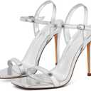 GENSHUO Women's Square Toe Strappy Stiletto Heels,4 Inch Open Toe Heel Sandals Ankle Strap Buckle Sexy High Heeled Prom Party Wedding Daily Wear Dress Shoes, Silver Matte US 9.5