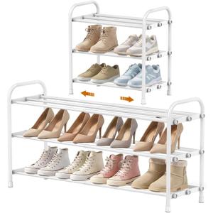 INSMART 3-Tier Expandable Shoe Rack, Stackable and Adjustable Shoes Organizer Storage Shelf, Sturdy and Durable Metal Structure Free Standing Shoe Rack for Closet Entryway Doorway, White
