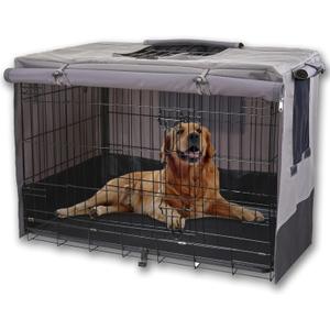 Rachmi Privacy Dog Crate Cover 36 Inch, Durable 600D Canvas Water Resistant Windproof Pet Kennel Cover for Universal Wire Crate with Double Doors, (37Lx24Wx25H, Gray/Black)