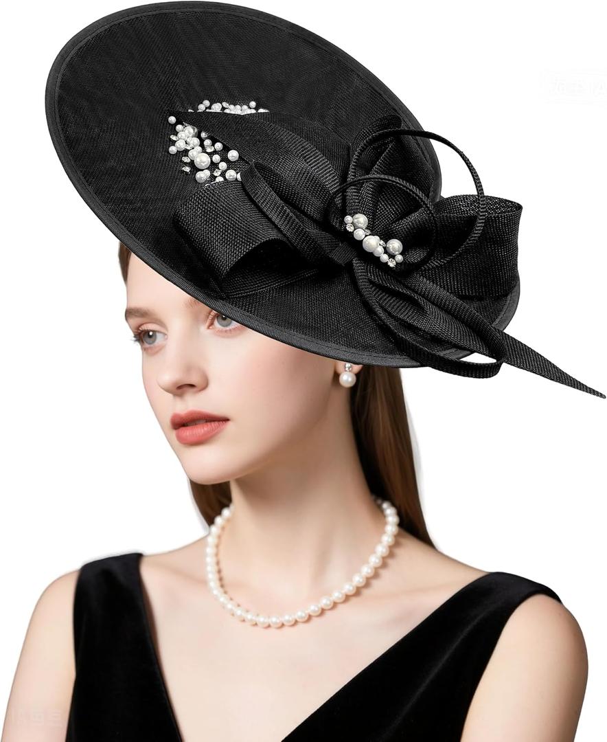 dressfan Vintage Fascinator Hats for Women,Linen Pearl Fascinator for Derby Church Wedding Tea Party (Black)