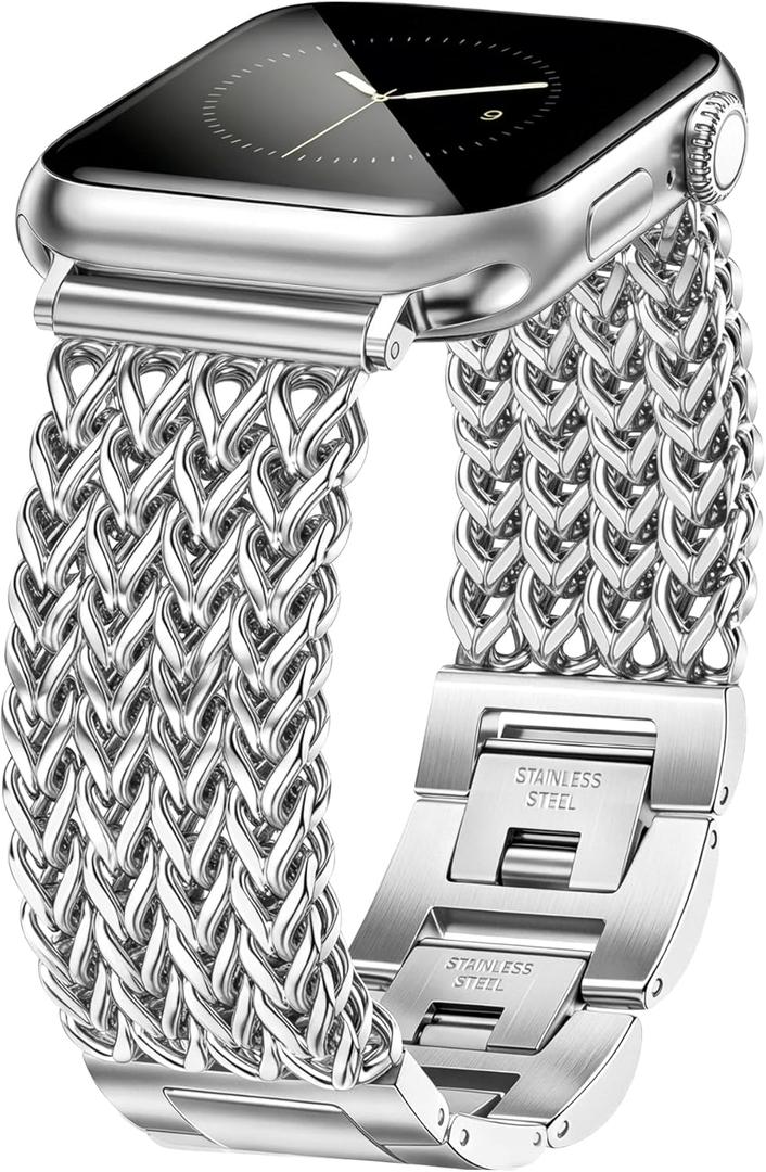 JR.DM Silver Bracelet Band for Women Compatible with Apple Watch 42mm(S3/2/1) 44mm 45mm 46mm 49mm Designer Stainless Steel Metal Chain Dressy Strap for iWatch Series 11/10/9/8/7/6/5/4/SE/3/2/1/Ultra
