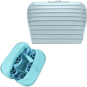 Travel Makeup Organizer Bag with Fold-Down Design and Adjustable Dividers, 27 Pockets & 3 Brush Storage Holders, Large Capacity Cosmetic Bags Toiletry Case - Light blue