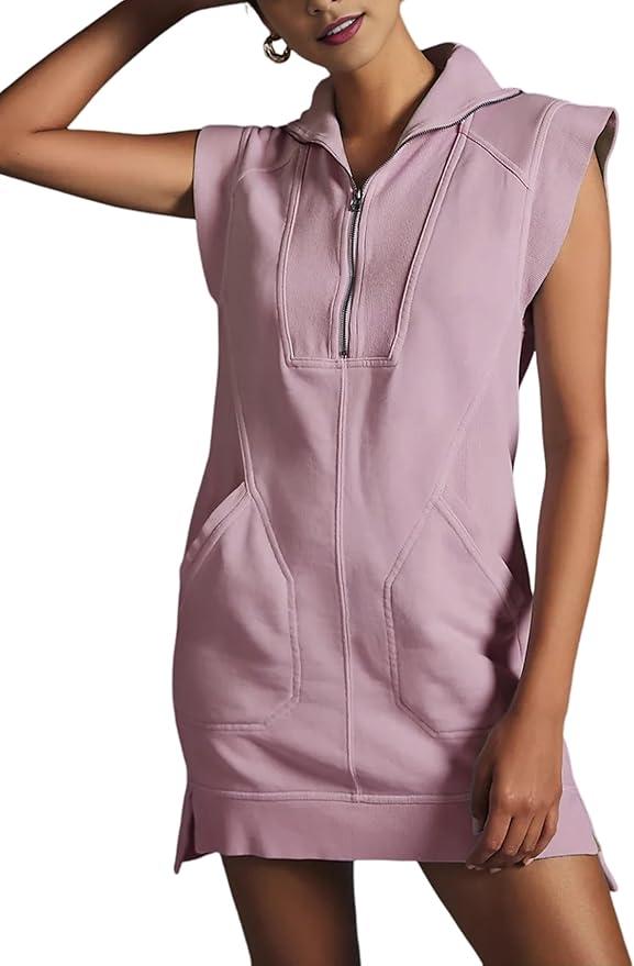 Qiaomai Womens Half Zip Sweatshirt Dresses Summer V Neck Sleeveless Pullover Tunic Tops Mini Dress (X-Small, Pink)