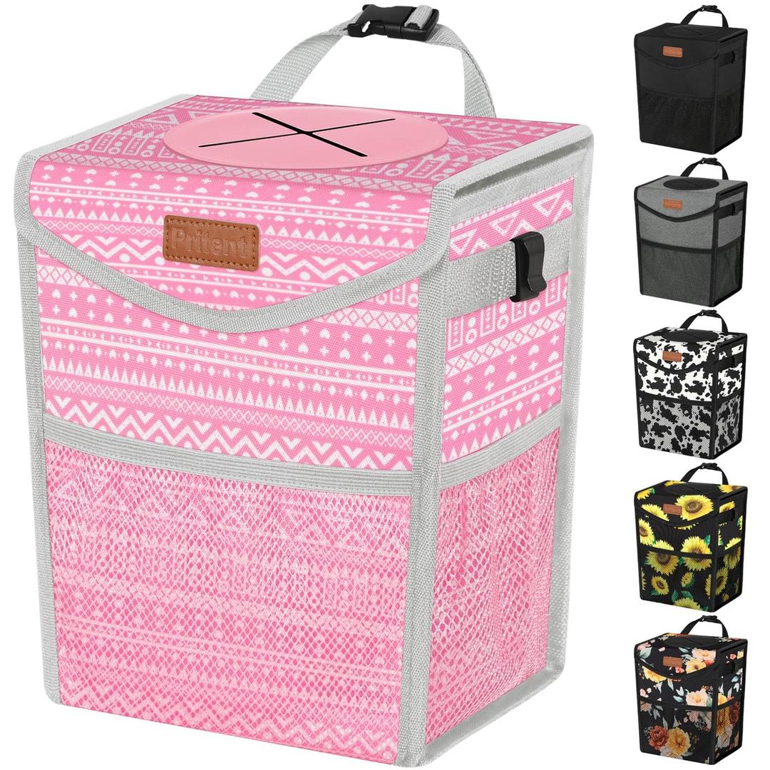 Pritent Car Trash Can with Lid, Cute Leakproof Car Trash Garbage Bag Hanging Vehicle Trash Bin Small Portable Automotive Garbage Cans Organizer for Back/Front Seat/Console(Trapezoid,Pink Print)