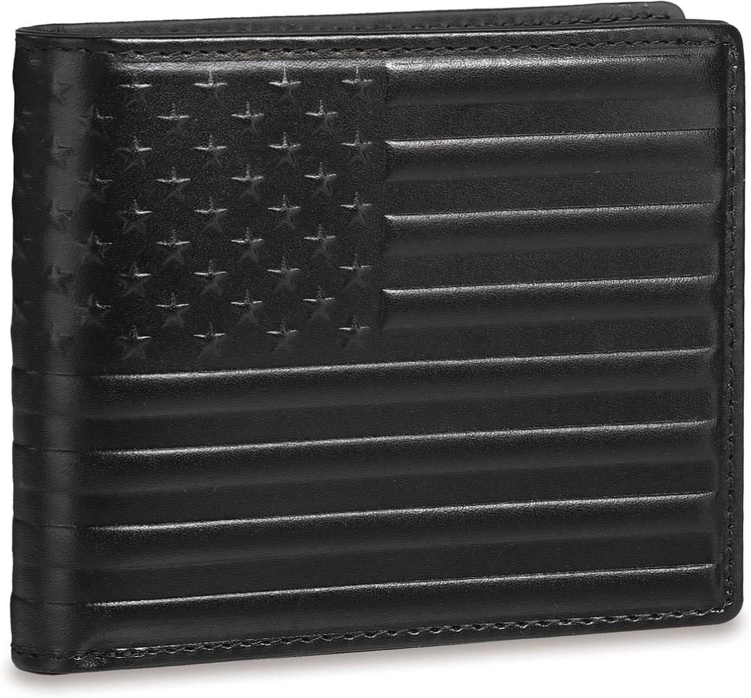 Full Grain Leather Wallet for Men, RFID Blocking, Mens Wallet Bifold with 2 ID Windows, Billfold with 13 Card Slots, Leather Gift for Men, American Flag Wallet Black