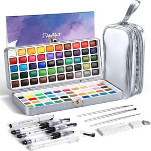 JusArt 100 Colors Watercolor Paint Set,Travel Watercolor Set with Handbag,Art Supplies with Metallic Color, Detail Painting Brushes, Water Brush Pens, Portable Watercolor Supplies for Adult, Artists, Professionals