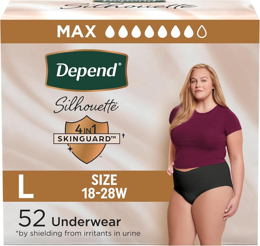 Depend Silhouette Adult Diapers, Incontinence & Postpartum Bladder Leak Underwear for Women, Maximum Absorbency, Large, Black, 52 Count (2 Packs of 26)