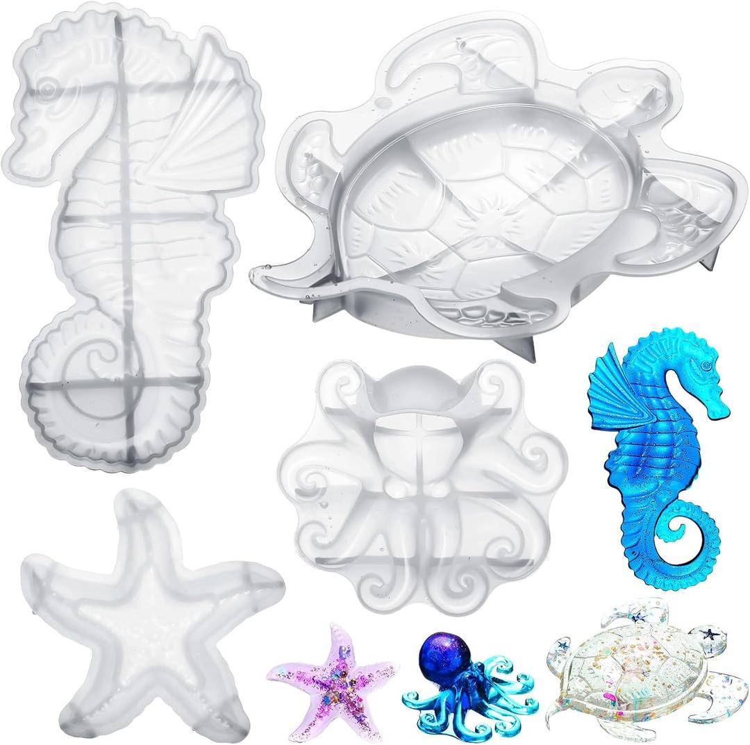 4 Pcs Ocean Theme Resin Molds 3D Large Silicone Epoxy Resin Seahorse Shells Starfish Octopus Molds for DIY Art Craft Wall Hanging Home Decor Holiday Gifts