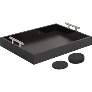 Serving Tray 16.5X 13Deluxe Wooden Ottoman Tray for Coffee Table with Polished Silver Metal Handles and 4 Coasters, Living Room Bathroom Coffee Bar Organizer Modern Decorative Black
