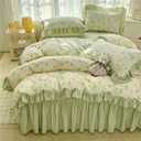 4pcs Duvet Cover Set Queen Size-100% Luxury Cotton Ultra Soft Ruffle bedding set includ 1 Duvet Cover with Zipper Ties,1 Fitted Sheet with Bed Skirt, 2 lace Pillow Shams for all season (light green)