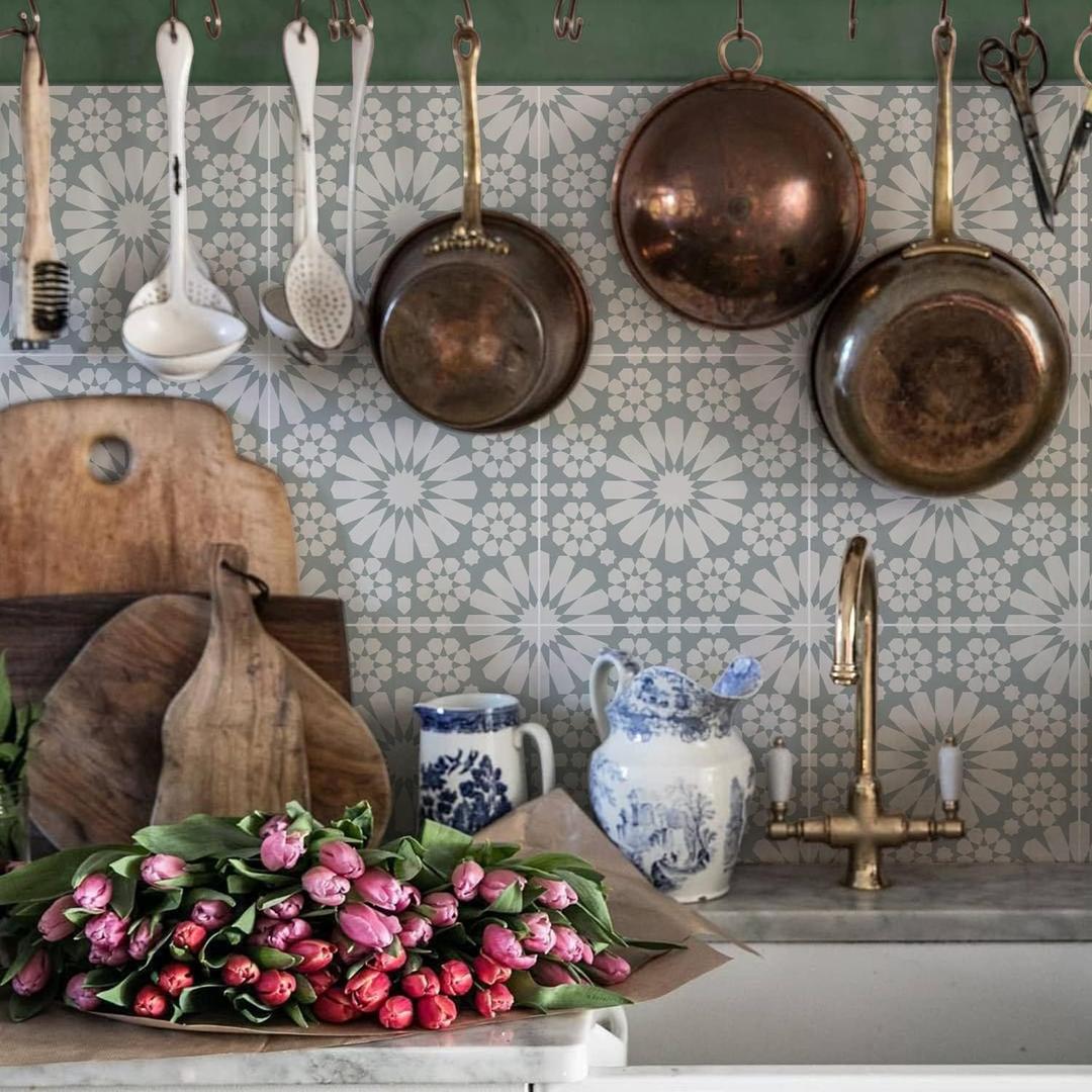 Alwayspon 12Pcs Retro Floral Matte Wall Tile Sticker Transfer Peel and Stick, Self-Adhesive Vinyl Backsplsh Tile Decals for Kitchen Bathroom, 20x20CM/8x8Inch, Grey Daisy T094