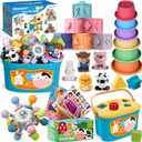 Baby Toys 6-12 Months, 6 in 1 Montessori Toys for 1 Year Old, Soft Infant Sensory Teething Toy, Stacking Cups & Blocks, Shape Sorter Blocks, Finger Puppets, Tissue Box Toy for Toddler 0-3-6-9-12 M+