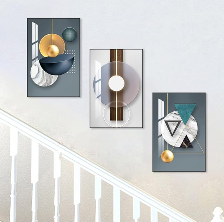 ARTKN 3 Pieces Framed Abstract Geometric Wall Art, Art Shapes Patterns Paintings, Modern Wall Decor Artwork, Large Wall Art for Living Room Bedroom Office(Blue, 16" X 24" X 3 pieces)