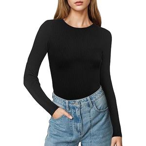 Beauty Women's Long Sleeve Crewneck Sweater 2025 Fall Ribbed Knit Fitted Shirts Slim Solid Pullovers Basic Casual Tee Tops Size Large