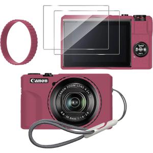 Silicone Case for Canon PowerShot g7x Mark iii with Removable Lens Cover and 2PCS Screen Protector and a Lanyard g7x mark iii case - (red)