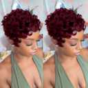 VRZ Short Human Hair Wigs for Black Women Pixie Cut Wig Human Hair Machine Made Burgundy 99J Chic Glueless Short Curly Wigs With Bangs Color 99J#S58#PH