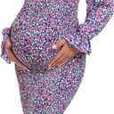 Spring Long Puff Sleeve Maternity Dress Floral Ruffle Hem Mermaid Baby Shower/Photoshoot Dress (M)