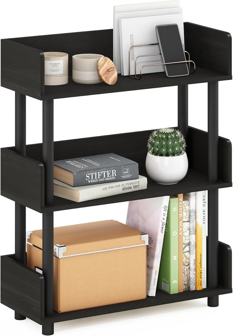 Furinno TURN-N-TUBE Display Shelf, 3-Tier Storage Shelves with Side Panels, Open Shelves Book Shelf with Rounded Corner Top Edges, for Organization and Storage, Living Room, Home Office, Espresso