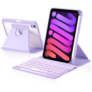 Harvopu for iPad mini 7 A17 Pro/6 Generation Keyboard Case 2024/2021 8.3 Inch,360 Rotating Clear Back Cover with 7 Color Backlit Detachable Keyboard, Pencil Holder for iPad mini 7th/6th Gen,Purple
