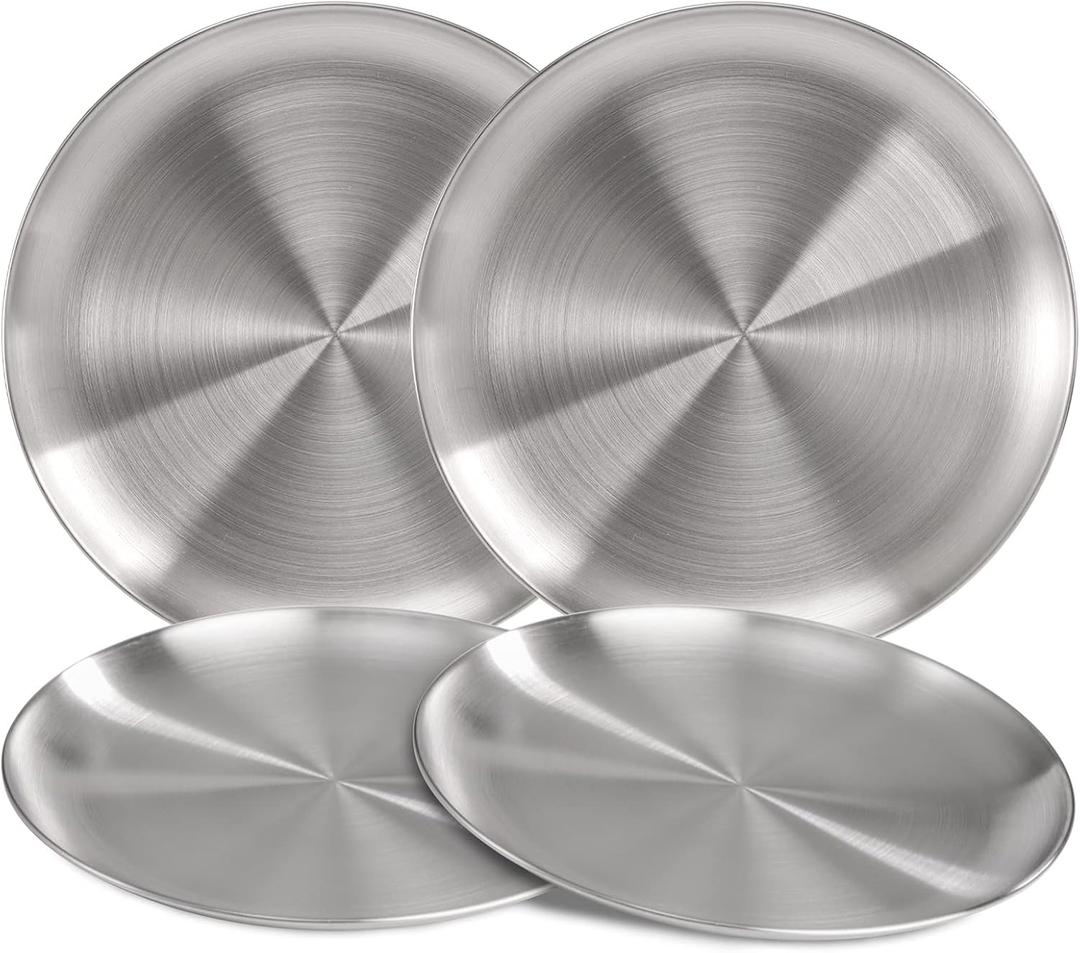 TOPZEA Pack of 4 304 Stainless Steel Dinner Plates, 10 Inch Matte Polished Metal Round Camping Dishes Set Rust-Proof Food Serving Platter for Salad, Appetizer, Fruit, Dessert, Dishwasher Safe 
Silver