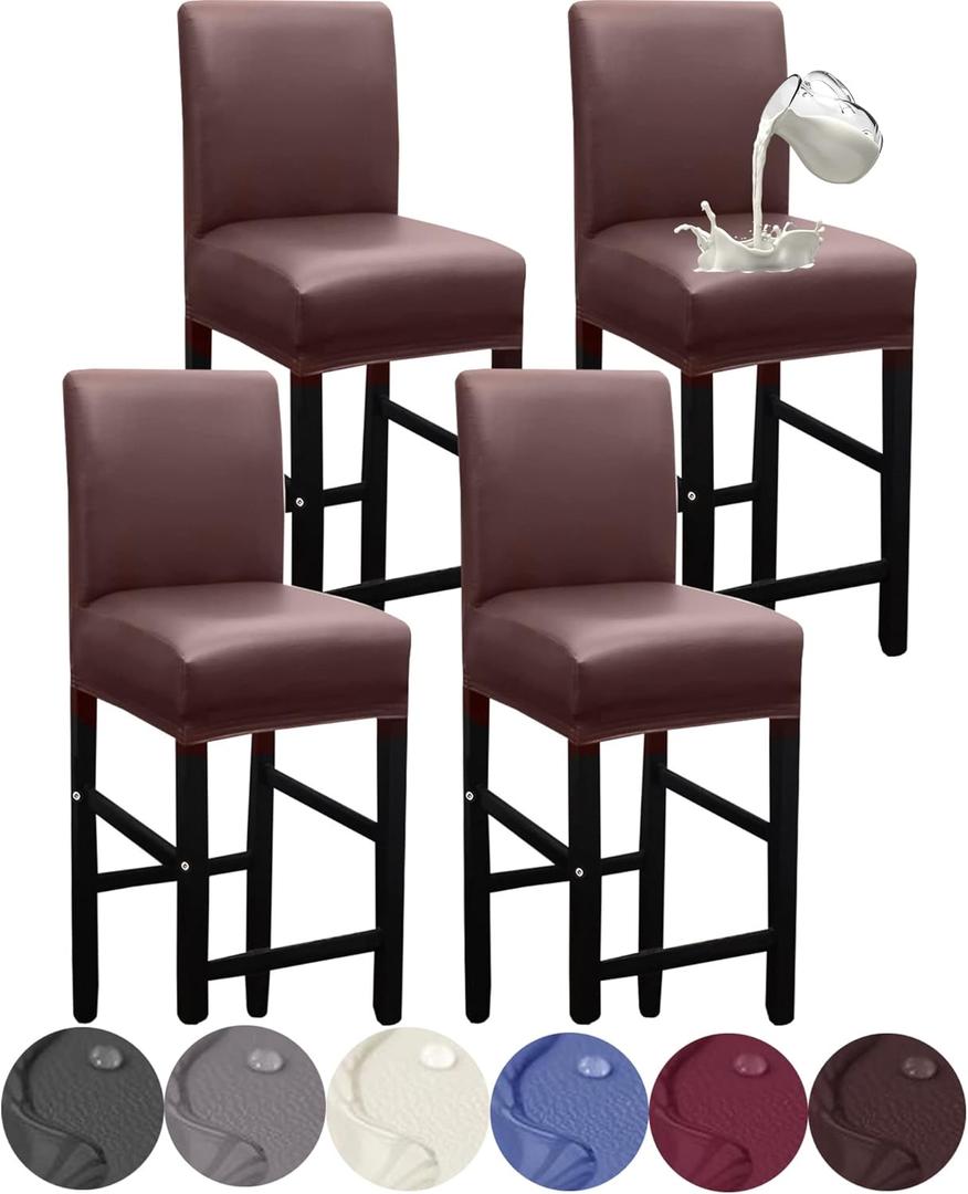 HFCNMY Bar Stool Covers,4 Pack Stretch Waterproof PU Bar Stool Covers with Backs Bar Stool Chair Covers Barstool Covers Slipcovers with Back Pub Counter Stool Chair Covers Coffee