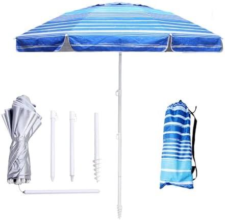 LOTTAFUN 6.5ft Beach Umbrella - Heavy Duty Wind Resistant UV 50+ Portable Sun Shade with Sand Anchor & Carry Bag, Outdoor Folding Umbrella for Beach, Pool, Patio, Garden (Blue Stripe)