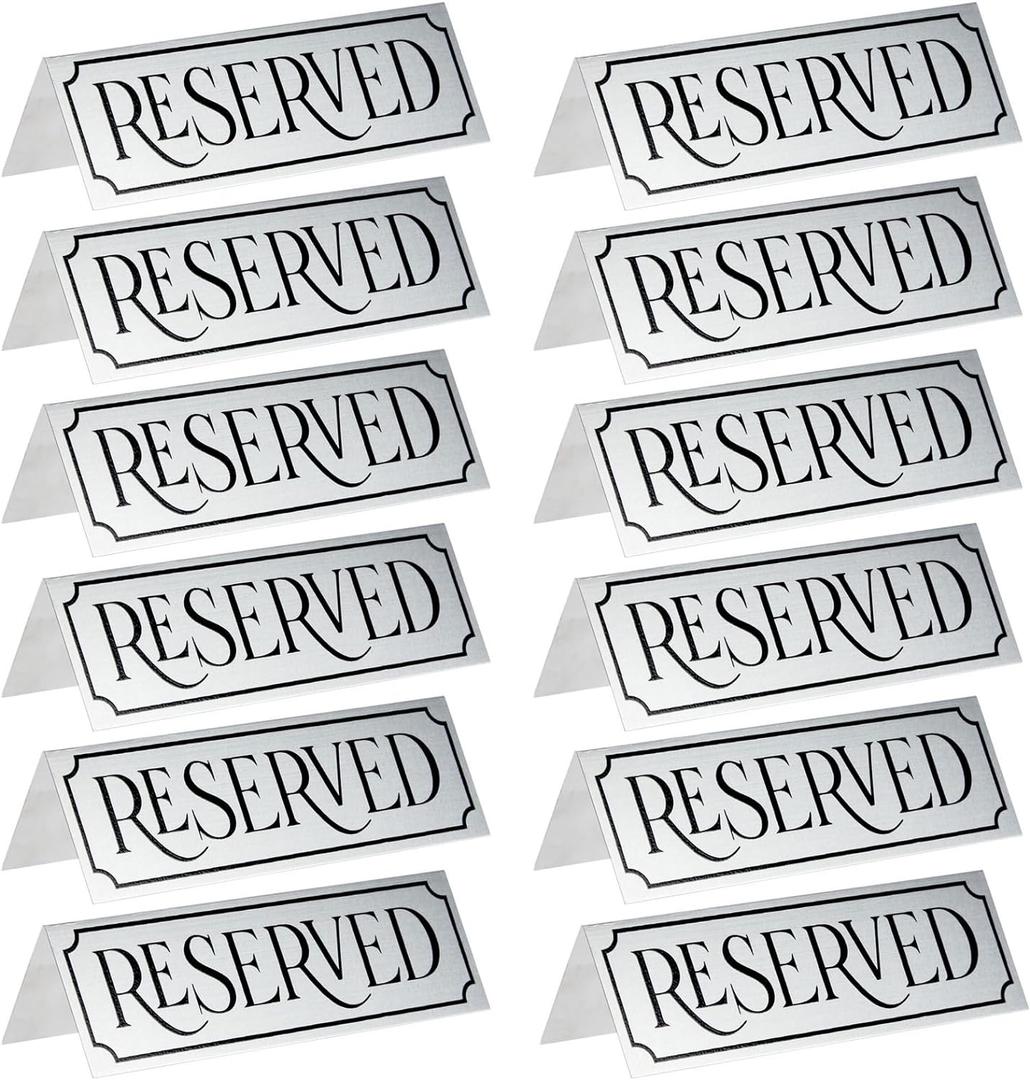 Juvale Reserved Table Signs - 12-Pack 5 x 2 x 1 in Etched Silver Metal - Reserved Seating Signs for Weddings, Restaurants & Parties