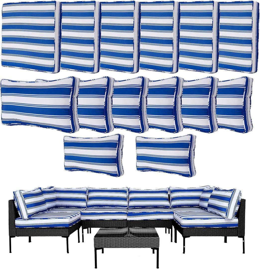 14Pcs Outdoor Cushion Covers Replacement Washable Waterproof UV w/Zipper for 6-Seaters Sofa Patio Slipcovers Set Seat and Back Covers Only (Deepblue Stripe, 23.6x23.6inch)
