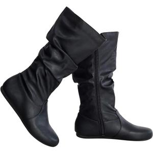 Womens Low Heel Mid-Calf Slouchy Suede Slip On Casual Boots with Side Zipper Size 8.5
