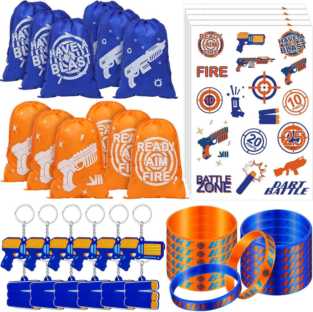 Sureio 138 Pcs Dart Battle Party Supplies Include Wars Goody Treat Bags Dart Themed Silicone Rubber Bracelet Wristbands Keychain Temporary Tattoos for Battle Birthday Party Favors