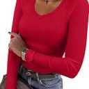 REORIA Womens Long Sleeve Shirts 2025 Fall Trendy Deep V Neck Slim Fit Basic Tops Casual Going Out Top Tee Blouse (XS)