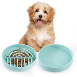 Slow Feeder Dog Bowls Set for Small Dogs & Cats, Portable Non-Slip Silicone Food & Water Bowls, Promotes Healthy Digestion, Dishwasher & Microwave Safe, 1.4 & 2 Cups, Ocean Wave