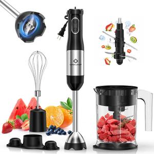 LINKChef 4 in 1 Immersion Blender Handheld, 800W with Titanium Steel Blades, 20 Speeds, Turbo Mode, Scratch-Resistant Stick Hand Blender with Whisk & Food Processor (Black+Silver)